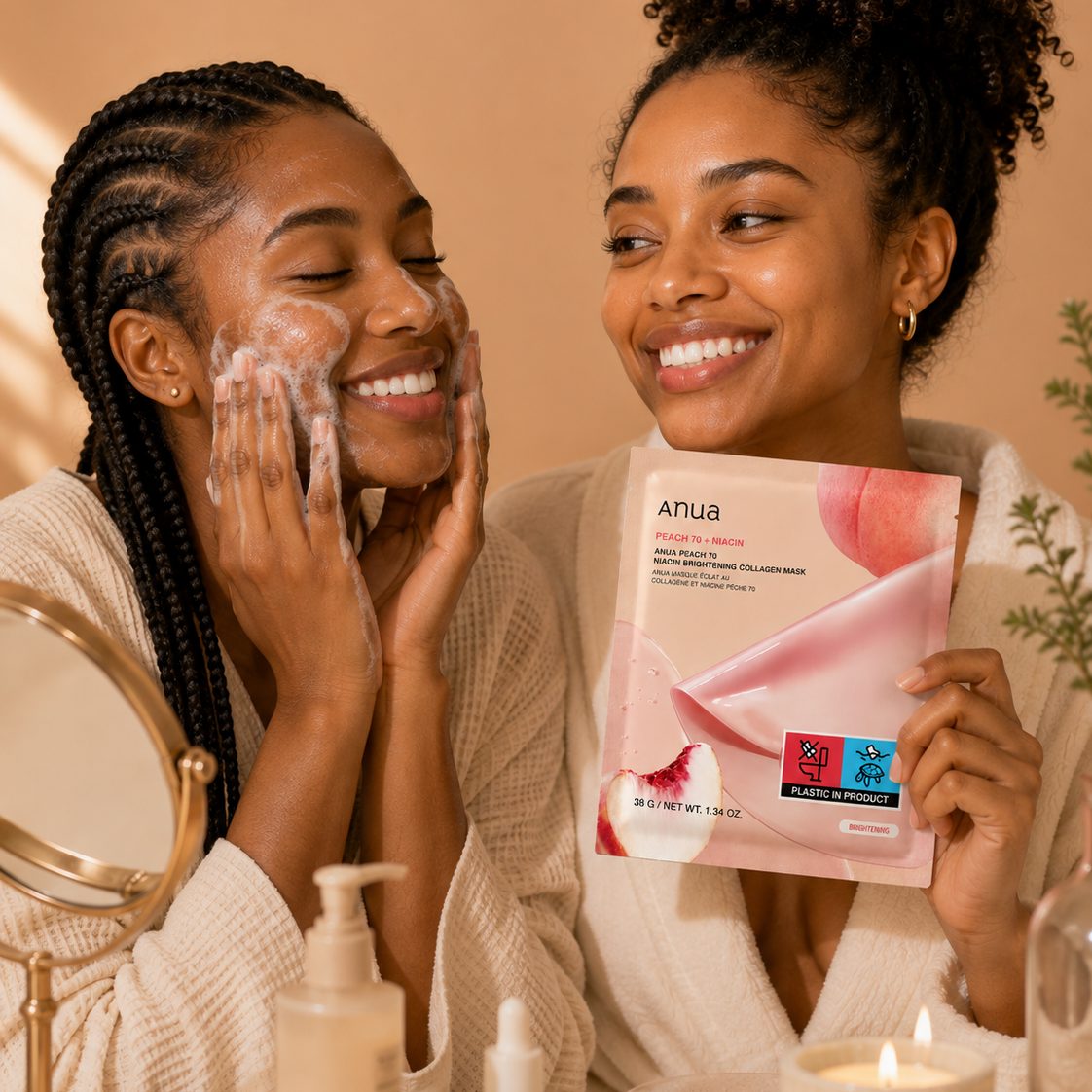 Two models at a dressing table with the mask