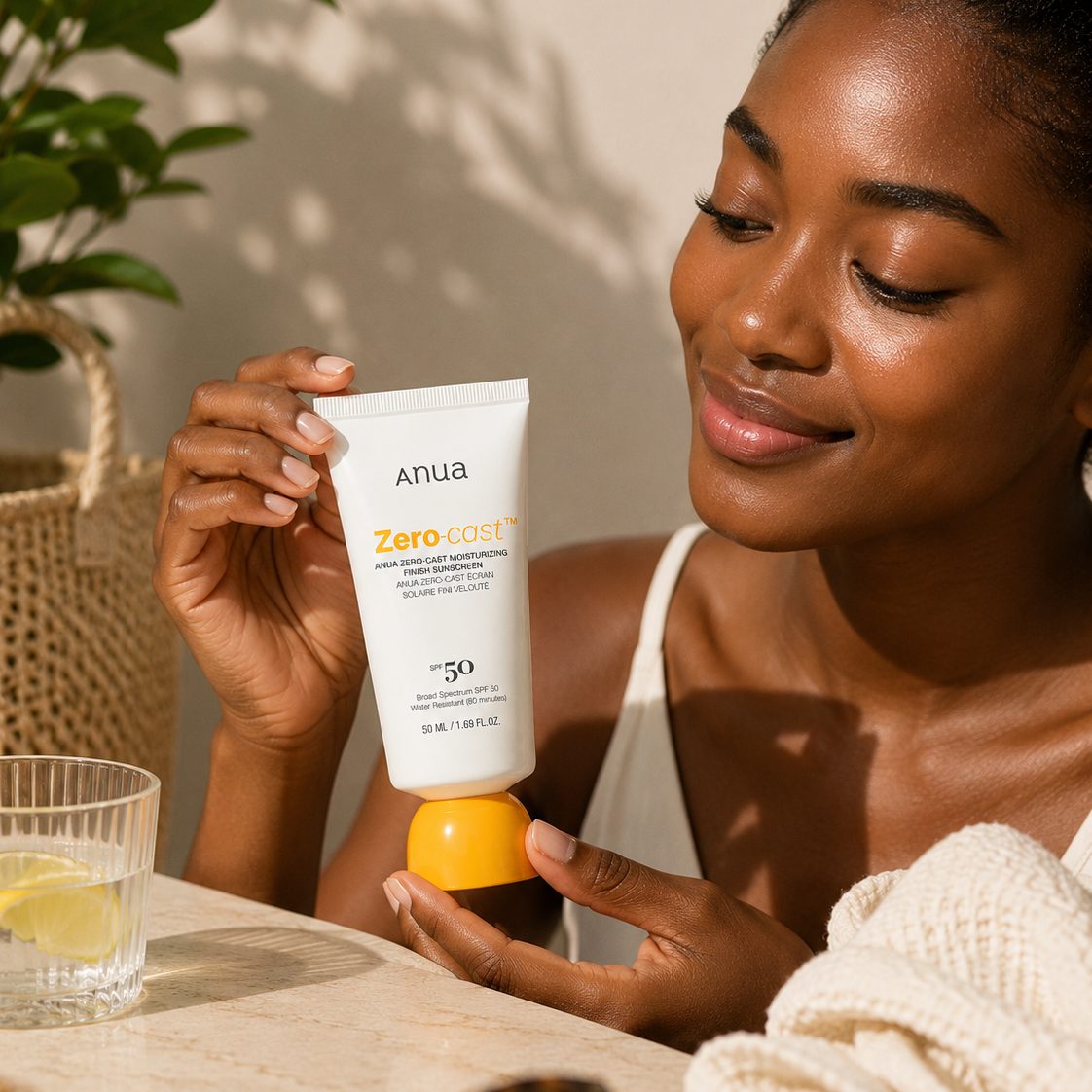 A model holding the sunscreen at a sunlit table