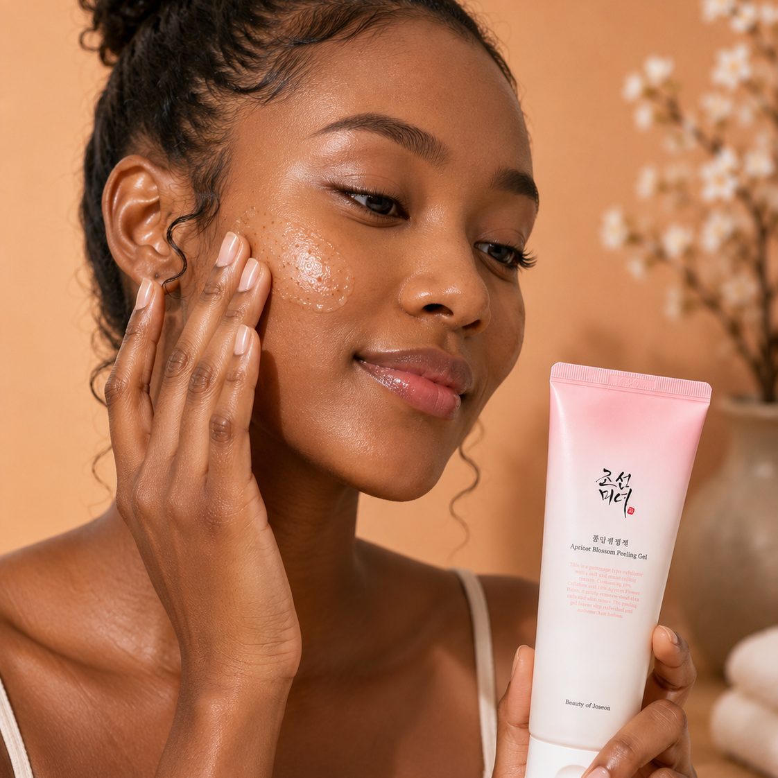 A model rolling the gel over one cheek