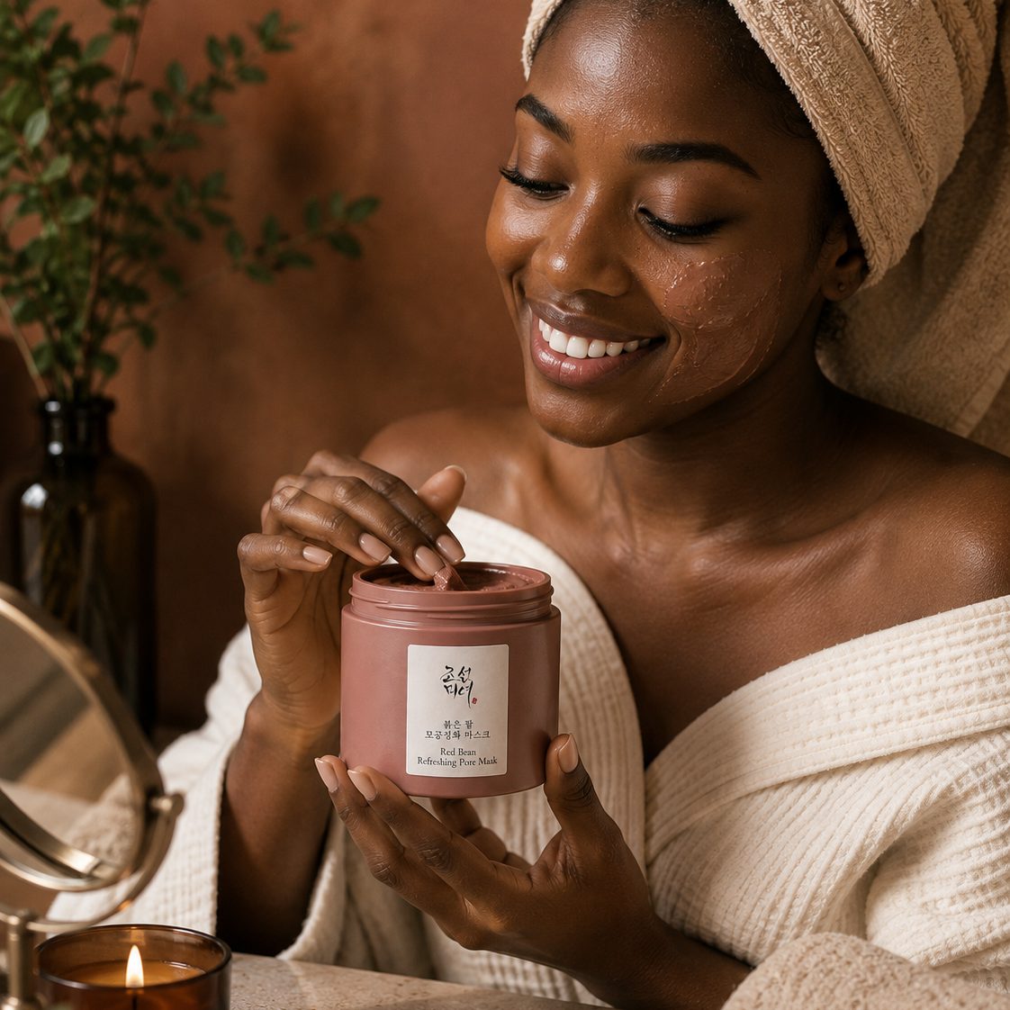 A model taking the mask from the open jar