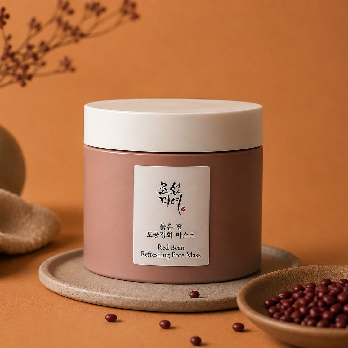 The jar on a ceramic tray with red beans