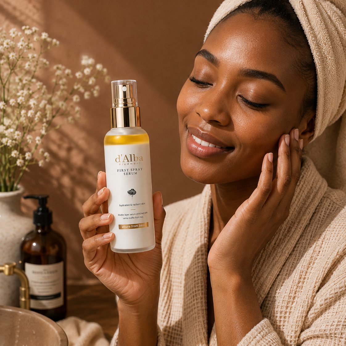 A model holding the spray serum after cleansing