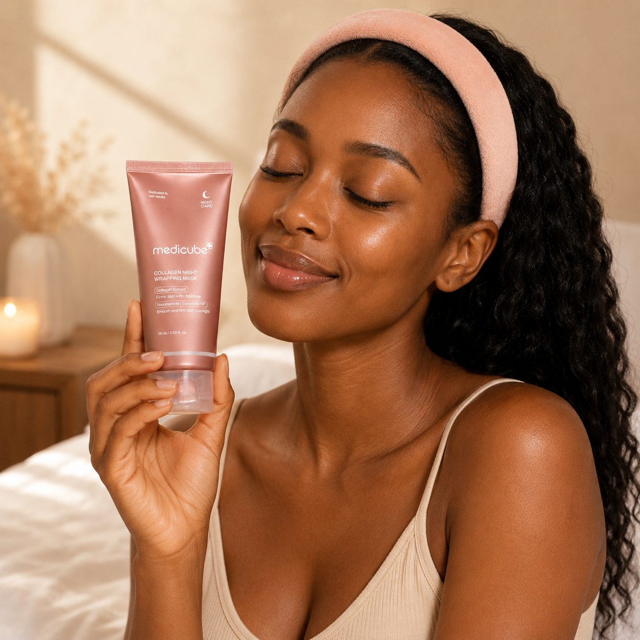 A model holding the Collagen Night Wrapping Mask