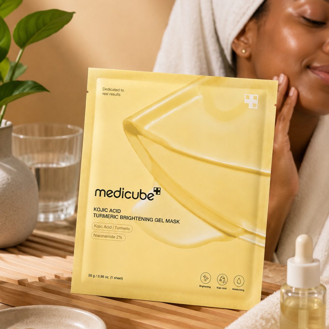 A model beside the mask after a shower
