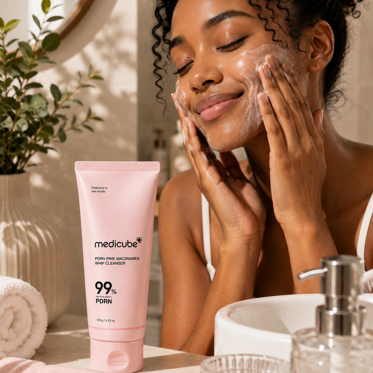 The cleanser being worked into the skin