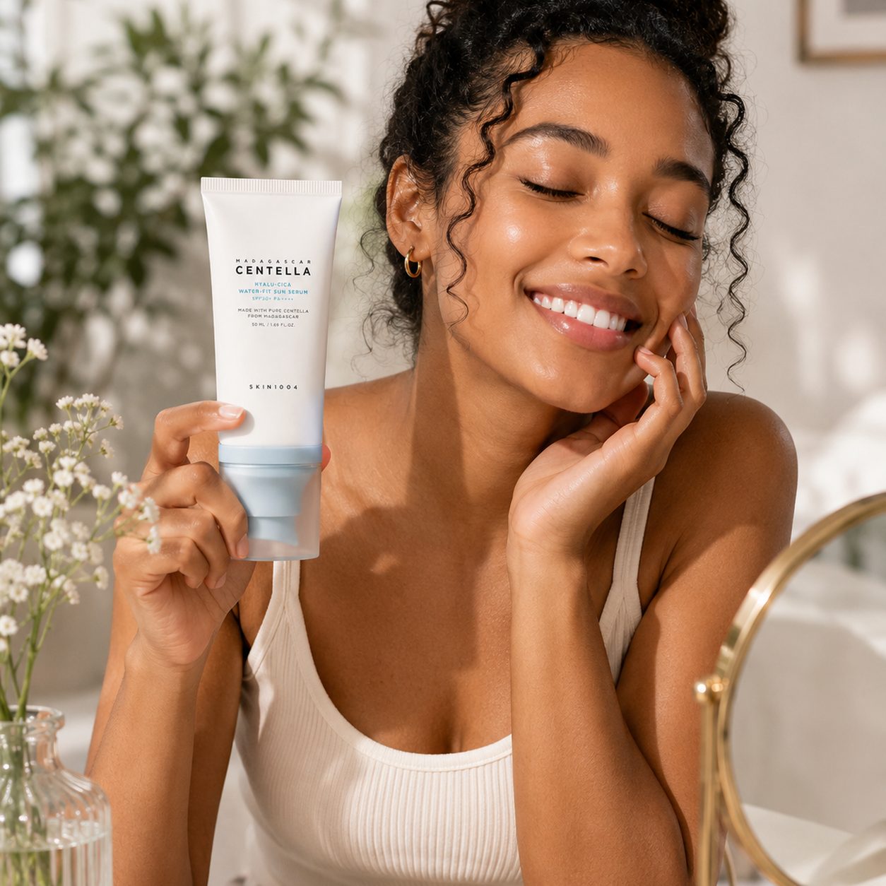 The sun serum held beside the face