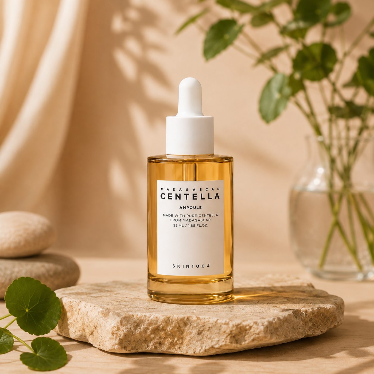 The bottle on a stone slab with greenery