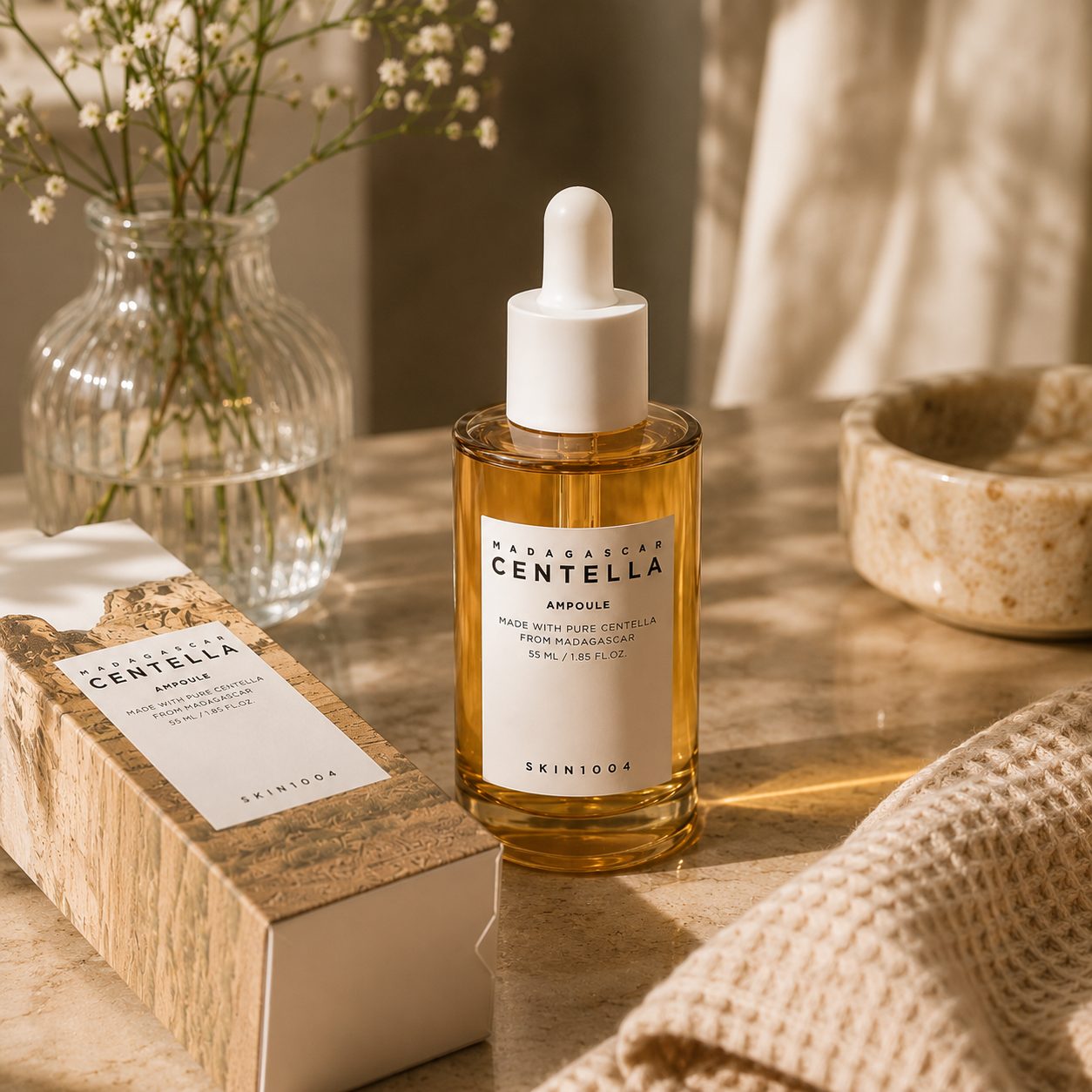 The bottle beside its box on a vanity