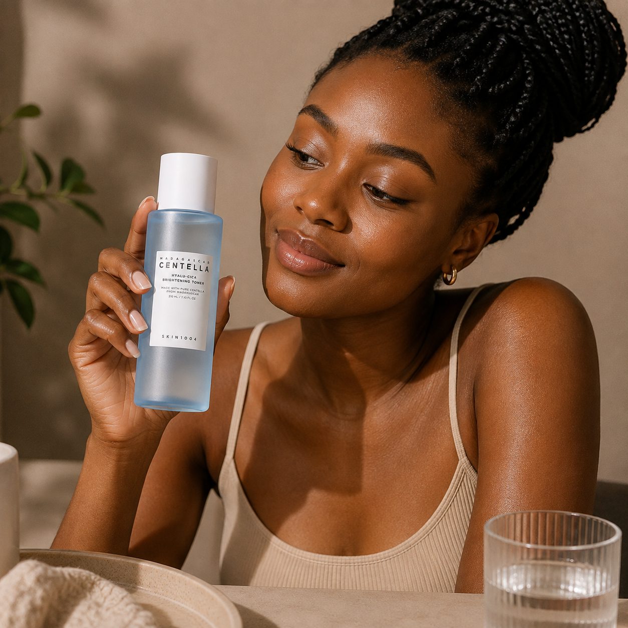 A model holding the toner in daylight