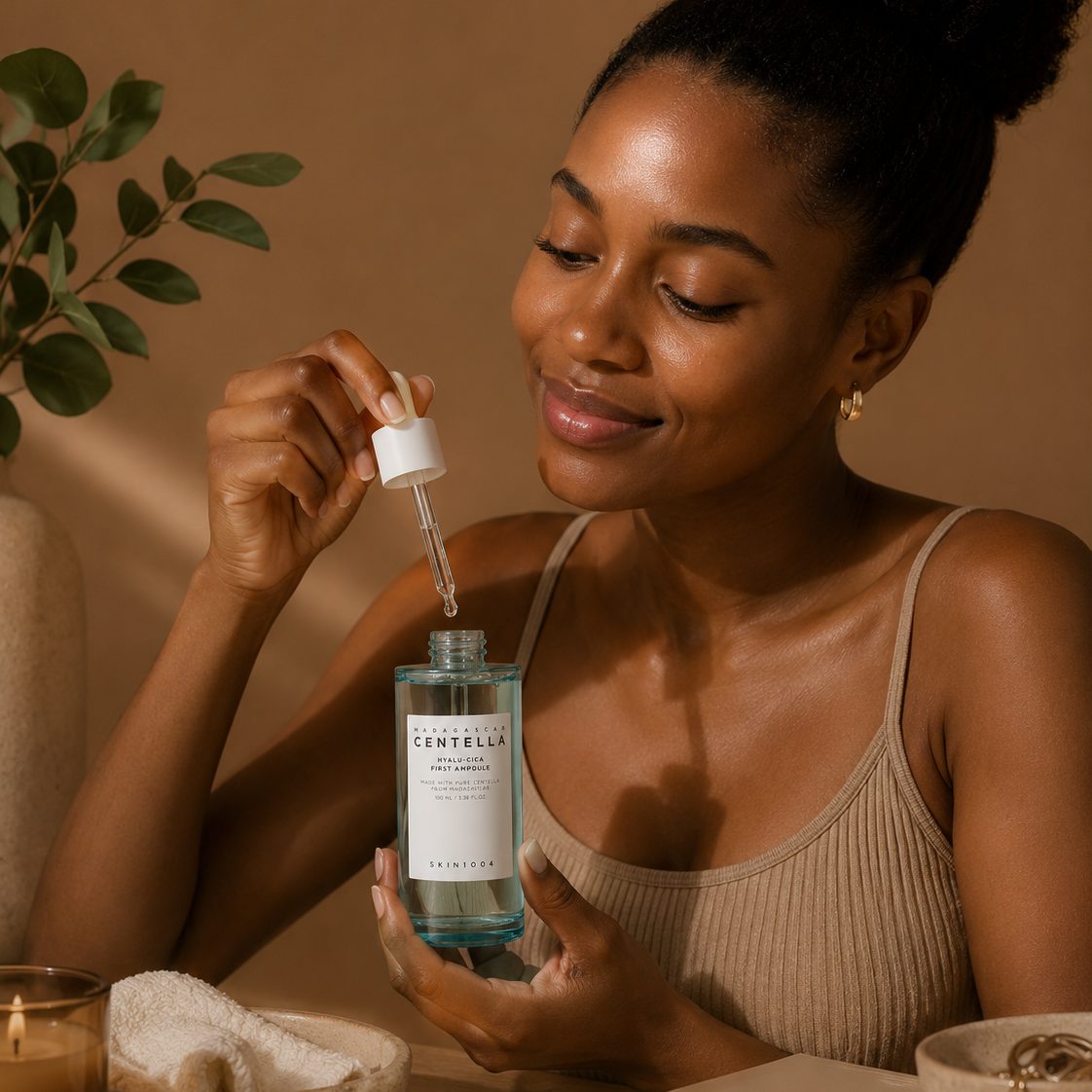 A model applying the ampoule with the dropper