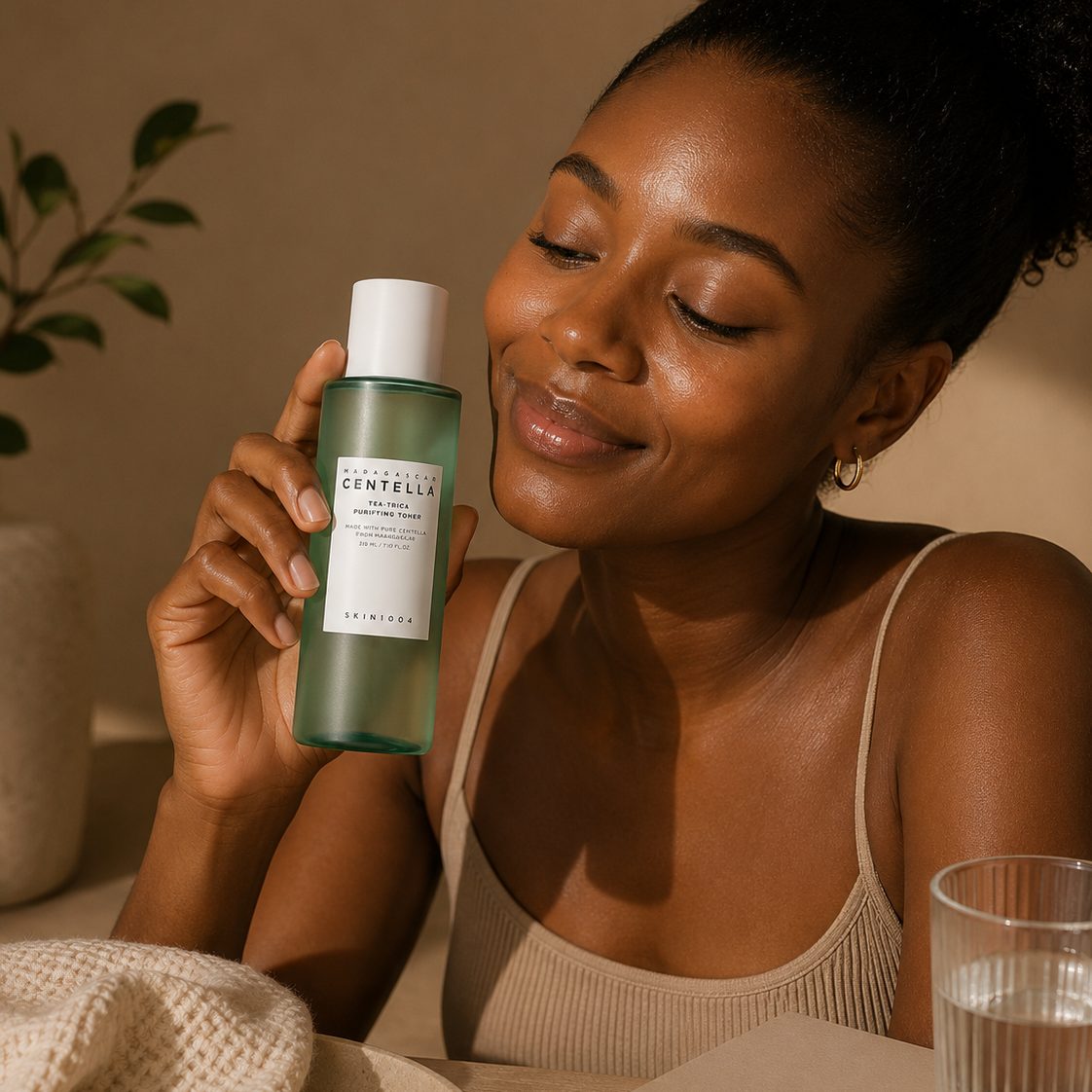 A model holding the toner in daylight
