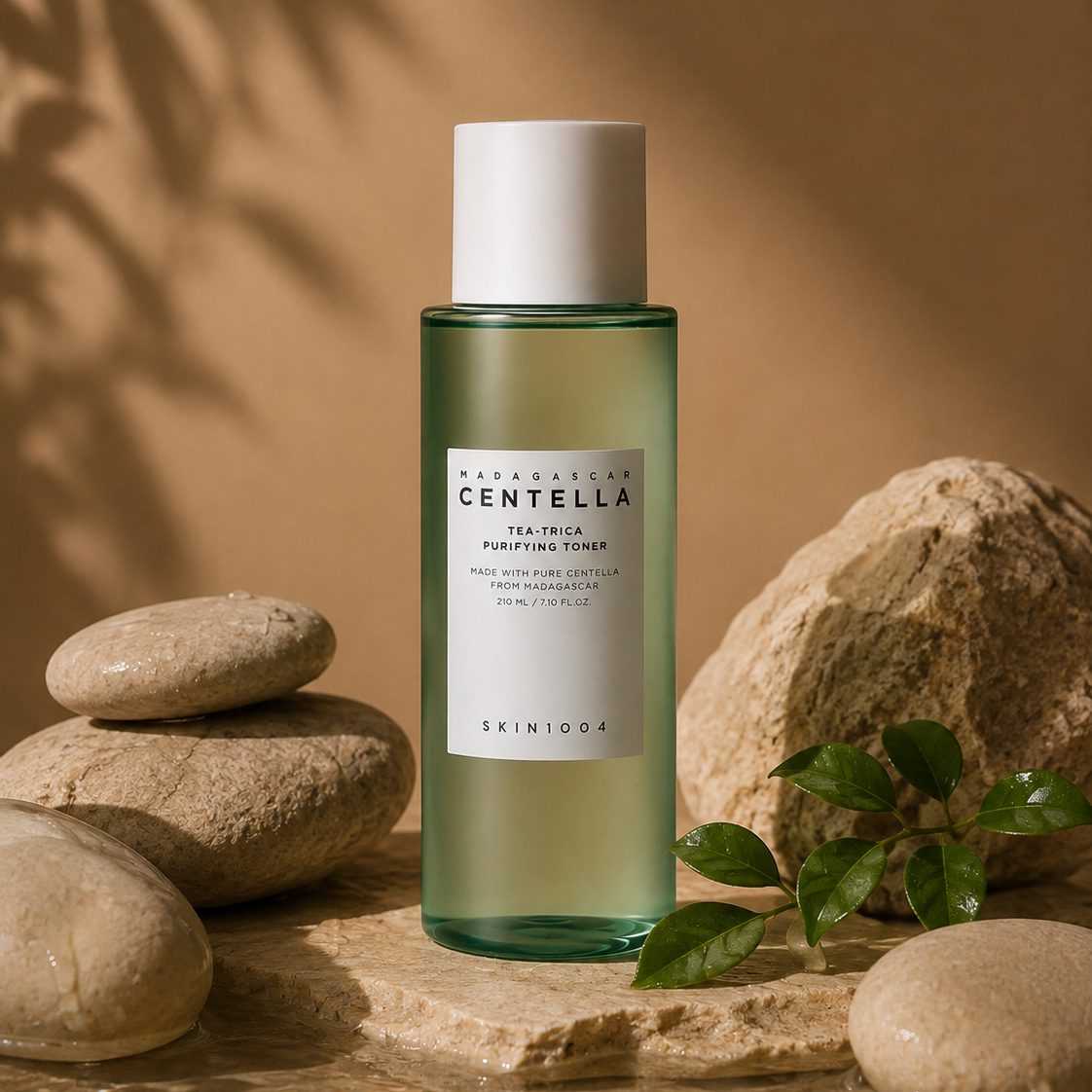 The bottle on stacked stones with greenery