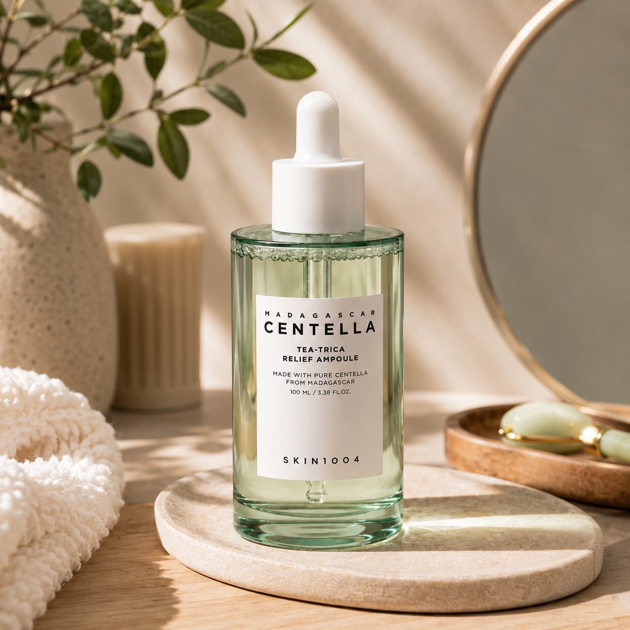 The bottle on a stone dish before a mirror