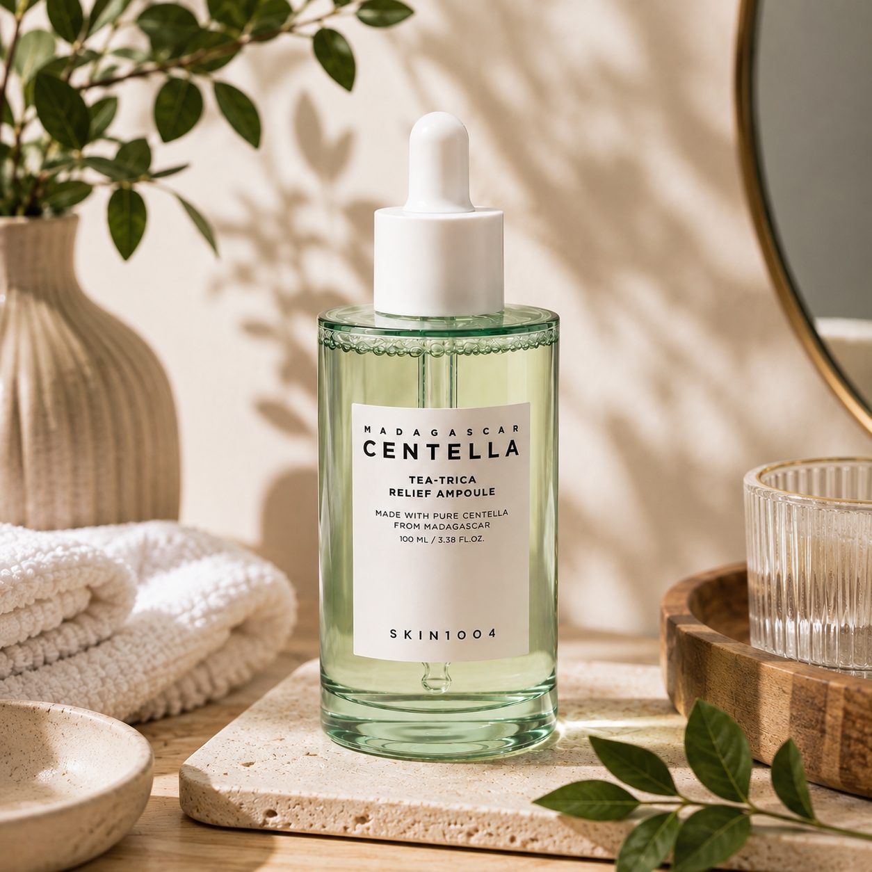 The bottle on a tray with greenery